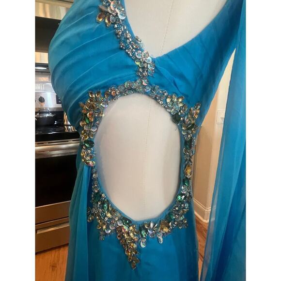 PRECIOUS FORMAL NWT BLUE JEWELED ONE SHOULDER GOWN WAIST JEWELED CUTOUT WOMENS 4 - Picture 8 of 16